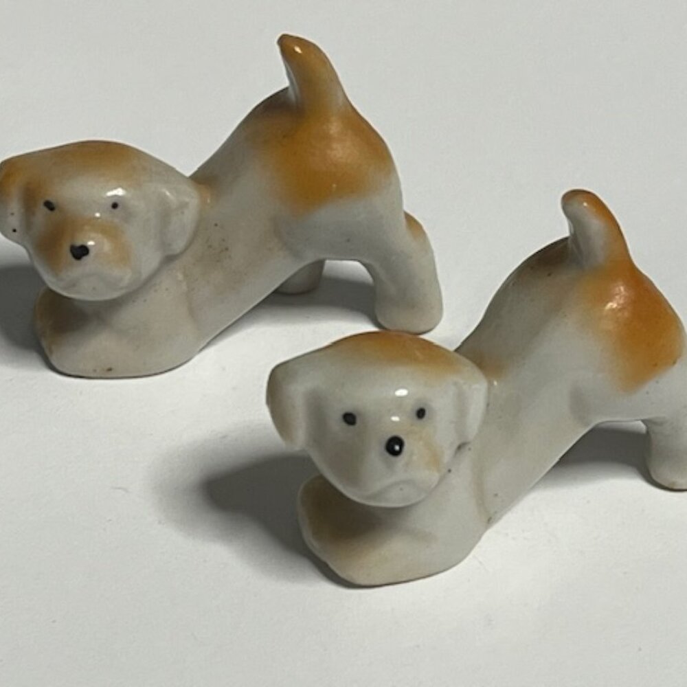 TWO Miniature Vintage White/Brown Puppies Porcelain Figurines 1.6"
